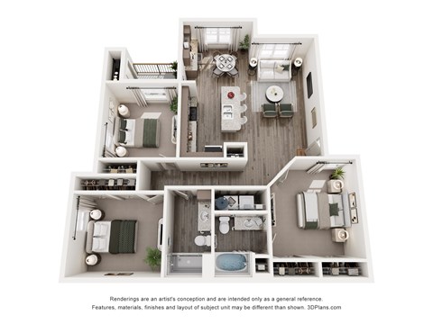Floor plan for 3 beds, 2 baths, 1264 sqft